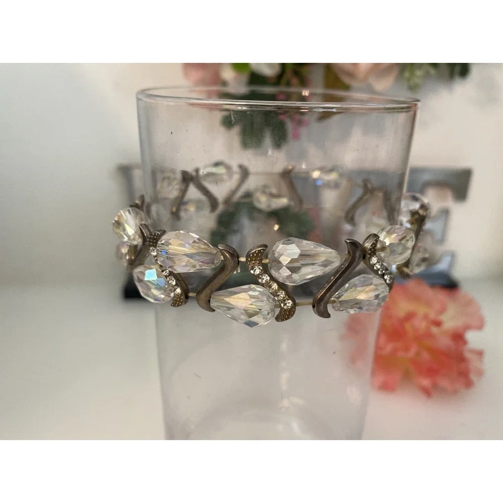 Vintage Silvertone‎ Faceted Beaded Sparkly Rhinestones Stretch Bracelet Sparkle